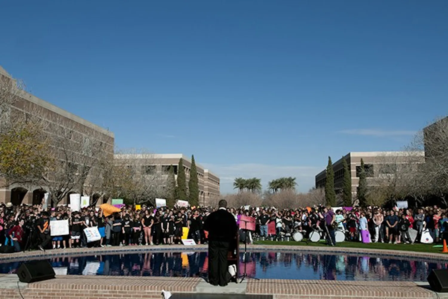 Toting protest signs and smiles, hundreds of elementary students gather at ASU’s West Campus on Wednesday Jan. 22 to reenact MLK's "I Have a Dream Speech" that took place over half a century ago in the nations capital. (Photo by Mario Mendez)