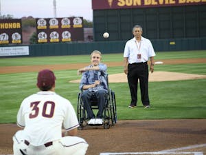 Cory Hahn throws out the ceremonial first pitch at an ASU baseball game on March 4, 2016 at Phoenix Municipal Stadium in Phoenix, Arizona.