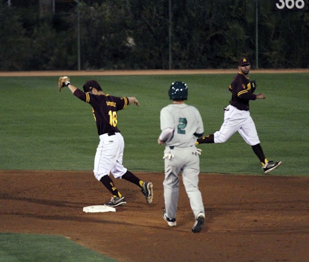 Joey DeMichele throws out a runner at second base in Tuesday night’s game against Utah Valley. DeMichele drove in two runs in the Sun Devils’ 9–6 loss to Utah Valley on Wednesday night. (Photo by Sam Rosenbaum)