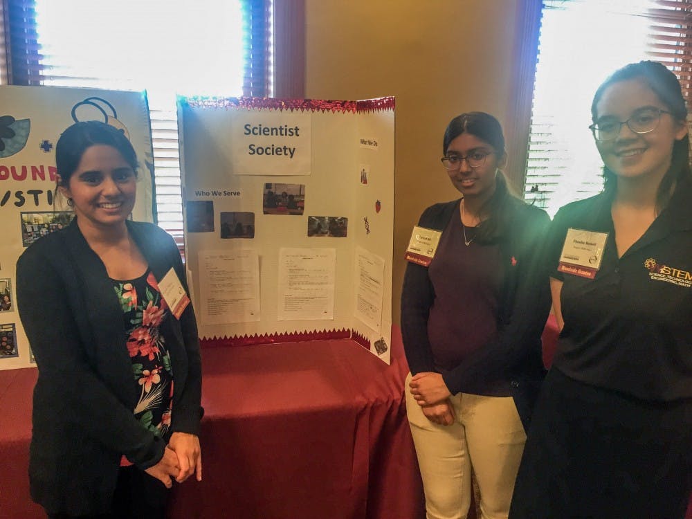 (Left to right) Megumi Sharma, Farizah Ali and Phoebe Newell pose for a photo at the Woodside Community Action Grant banquet&nbsp;held at Old Main on Monday, April 10, 2017.&nbsp;