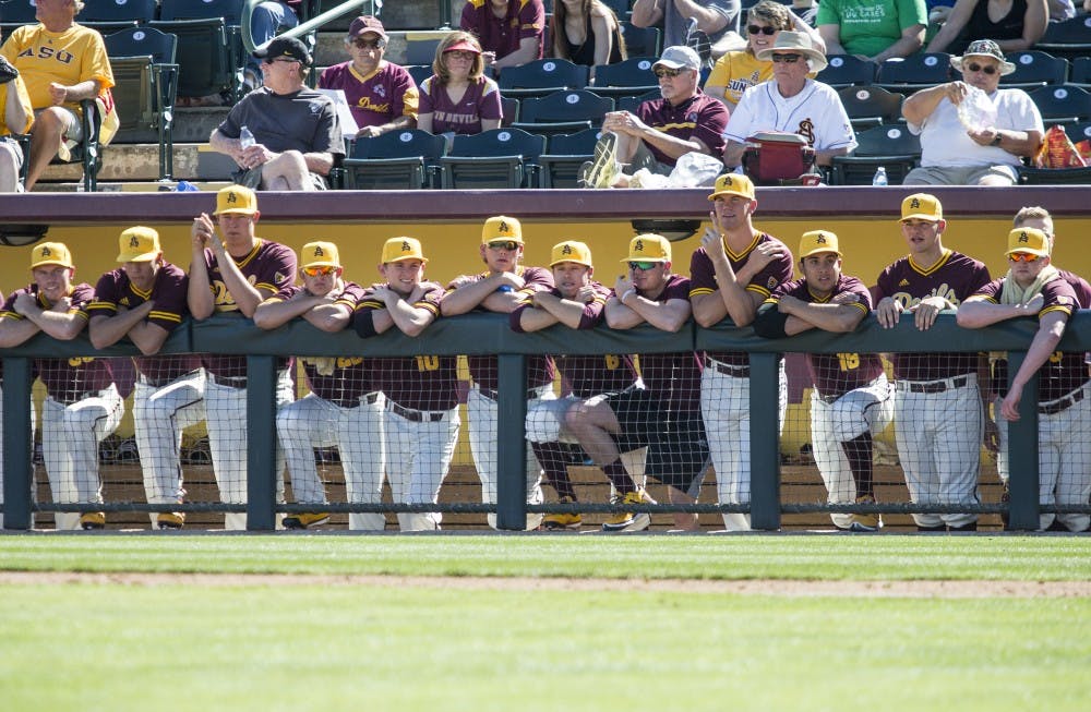 The Sun Devil baseball team watches the field during a game against Xavier at Phoenix Municipal Stadium on Saturday, Feb. 20, 2016. The Sun Devils won the matchup, 2-1.  