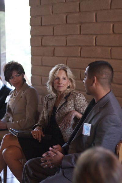 THE SECOND LADY: Dr. Jill Biden listens as Albert Ojeda a Mesa Community College student talks about his plans to transfer to ASU in the near future. Dr. Biden was in town to discuss the MAPP program, to help credits transfer easily from community college to university.  (Photo by Scott Stuk)