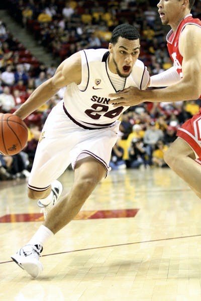Trent Lockett drives the lane against New Mexico Nov. 18. Lockett and the Sun Devils took on the Oregon Ducks last night at Wells Fargo Arena. (Photo by Sam Rosenbaum)