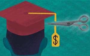Ilustración de un gorro de graduación con una etiqueta de precio cortada con tijeras.