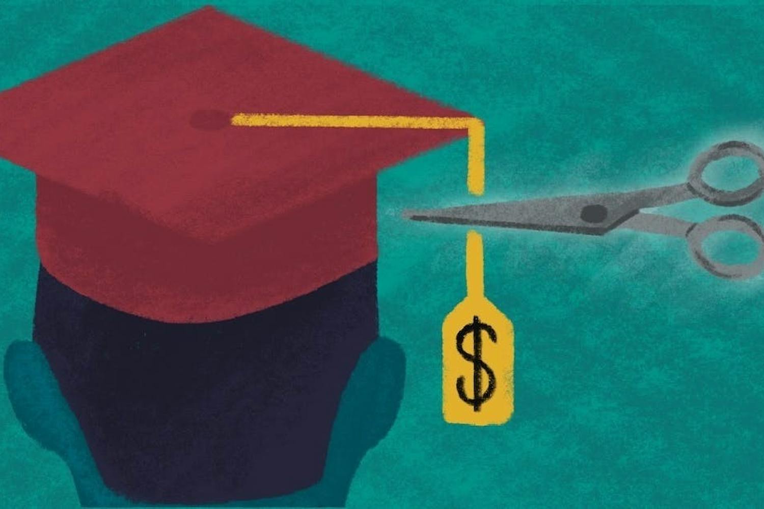 Ilustración de un gorro de graduación con una etiqueta de precio cortada con tijeras.