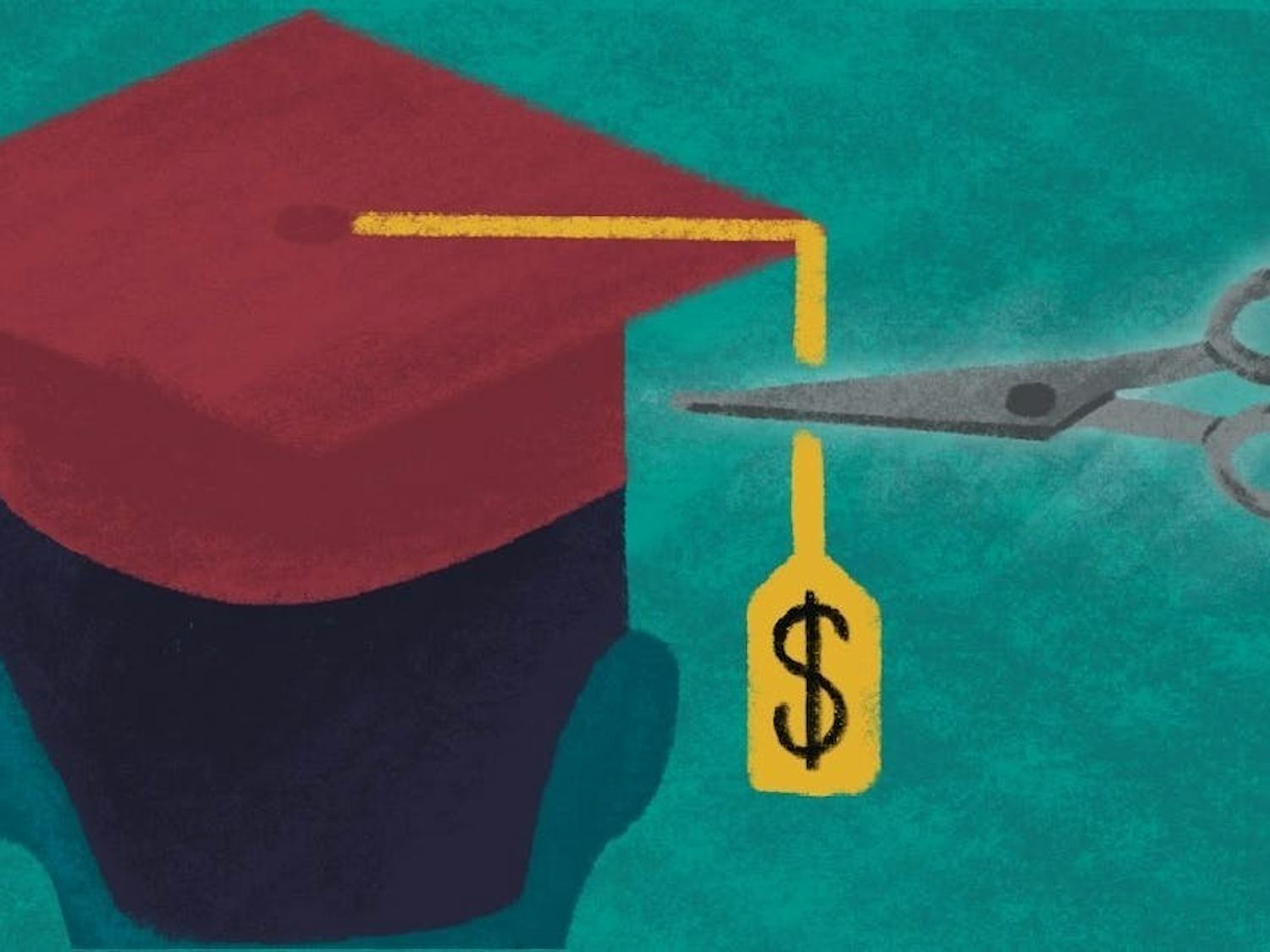 Ilustración de un gorro de graduación con una etiqueta de precio cortada con tijeras.