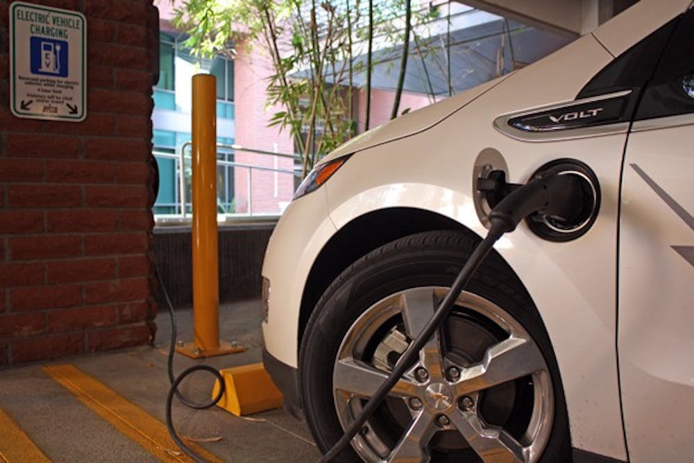 New charging stations have been installed in the Packard Drive South, Fulton Center and Tyler Street parking structures for electric cars. (Photo by Shawn Raymundo)