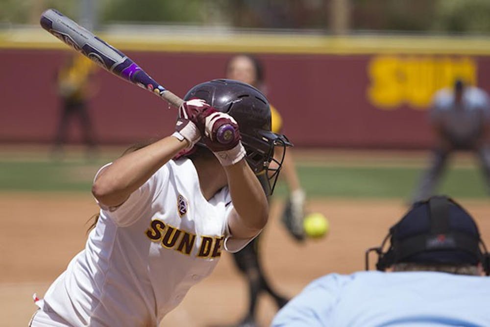 Freshman shortstop Chelsea Gonzales takes a swing during the game against Southern Mississippi. The ASU Sun Devils won the game 5-0 on Sunday, April 27. (Photo by Diana Lustig)