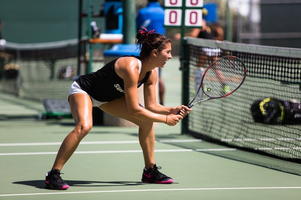 ASU junior doubles tennis player Stephanie Vlad waits for the serve against the UCLA pair of Robin Anderson/Jennifer Brady at the Whiteman Tennis Center on April 3rd, 2015. Vlad and partner junior Desirae Krawczyk would fall to the number 13 ranked pair 8-2.