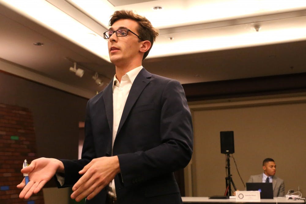 Senator of the College of Liberal Arts and Sciences Kanin Pruter speaks at the Undergraduate Student Government meeting on Tuesday, March 15, 2016,  in the Memorial Union on the Tempe campus.