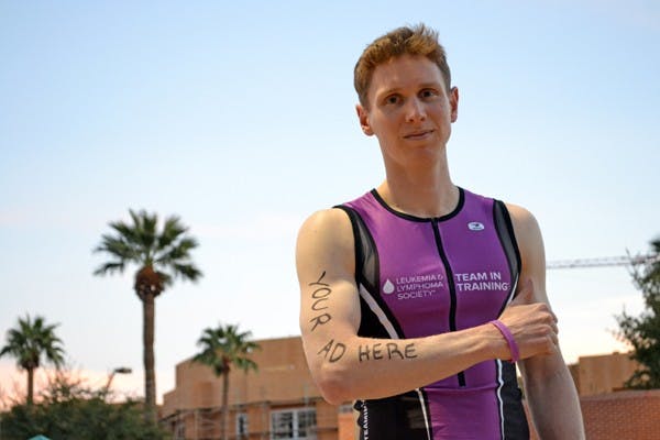 ASU alumnus Adam Fuller will be selling advertising space on his face, neck, arms and legs to be featured when he competes in the Lavaman Waikoloa Triathlon in Hawaii in April. The money will benefit the Leukemia & Lymphoma Society. (Photo by Mackenzie McCreary)