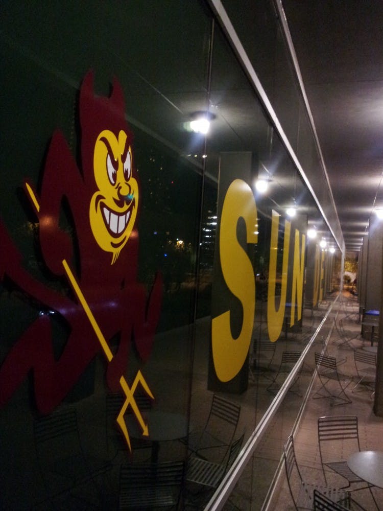 Picture of Sparky in the window at the DPC on ASU's downtown campus in Phoenix. Photo by Brendan Capria.