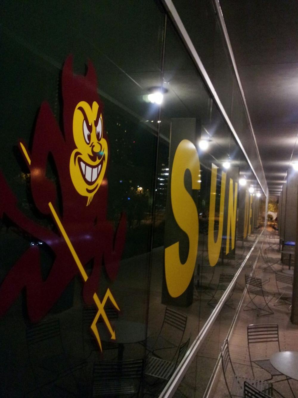 Picture of Sparky in the window at the DPC on ASU's downtown campus in Phoenix. Photo by Brendan Capria.