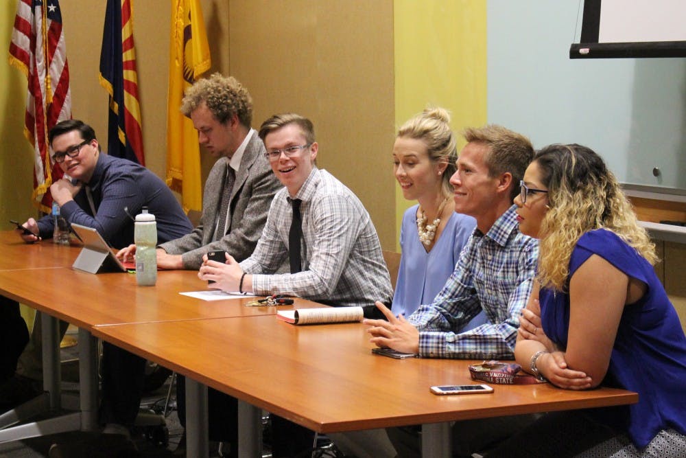 The USG Downtown candidates meet on Wednesday, March 23, 2016, for an election forum to inform students before the coming election.&nbsp;&nbsp;
