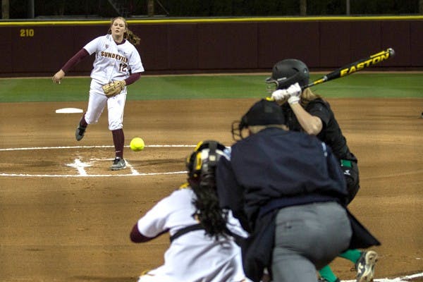 Junior pitcher Dallas Escobedo releases a pitch in the Sun Devils' 8-0 win over North Dakota on March 1. ASU hopes to bounce back and build a new win streak after suffering its first loss to Baylor Sunday. (Photo by Dominic Valente)
