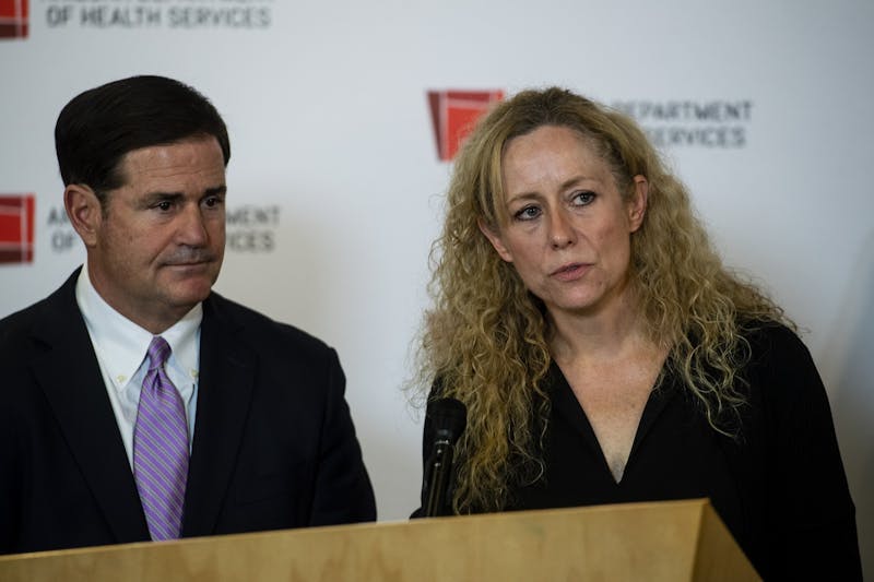 Gov. Doug Ducey (left) and Dr. Cara Christ, the director of the Arizona Department of Health Services, take questions during a press conference on the governor's declaration of emergency related to the outbreak of COVID-19, or coronavirus, on Wednesday, March 11, 2020, at the Arizona State Public Health Laboratory in Phoenix.