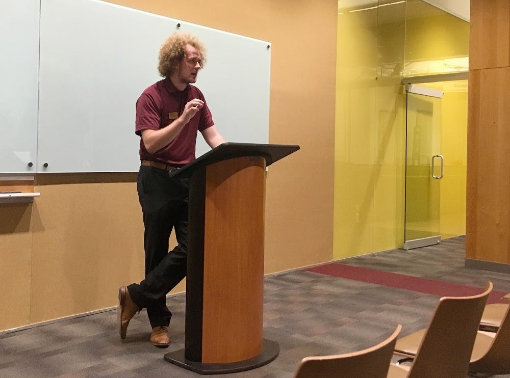 Public policy junior and&nbsp;USGD Vice President of Policy&nbsp;Jimmy Arwood speaks at the USGD tuition town hall on Wednesday, Feb. 8, 2017.