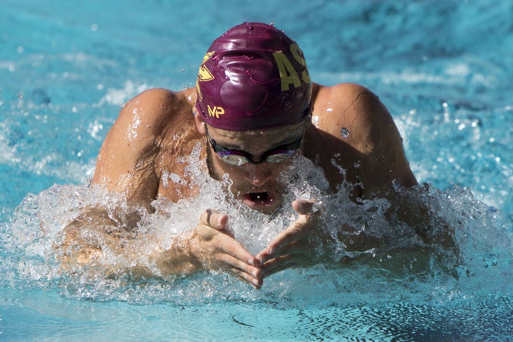 Junior Joshua Lamb competes in the 200 yard medley relay against the Air Force Academy on Saturday, Nov. 7, 2015, at Mona Plummer Aquatic Center in Tempe. Air Force defeated the Sun Devils 158-142.