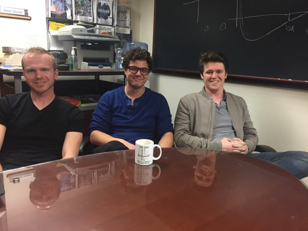 Biophysics researchers (left to right)&nbsp;David Dotson,&nbsp;Taylor Colburn and&nbsp;Ian Kenney sit in a conference room in ASU's&nbsp;Bateman Physical Science Center on Friday, Jan. 20, 2017.