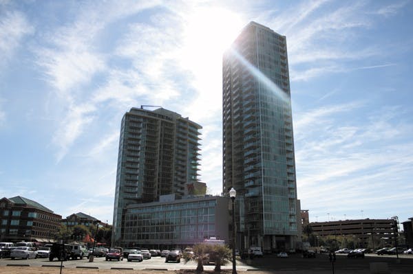 The recently finished West Sixth towers are just one of several apartment and housing development projects in Tempe. Despite the recession, apartment and housing development in Tempe has been doing well.  (Photo by Jenn Allen)