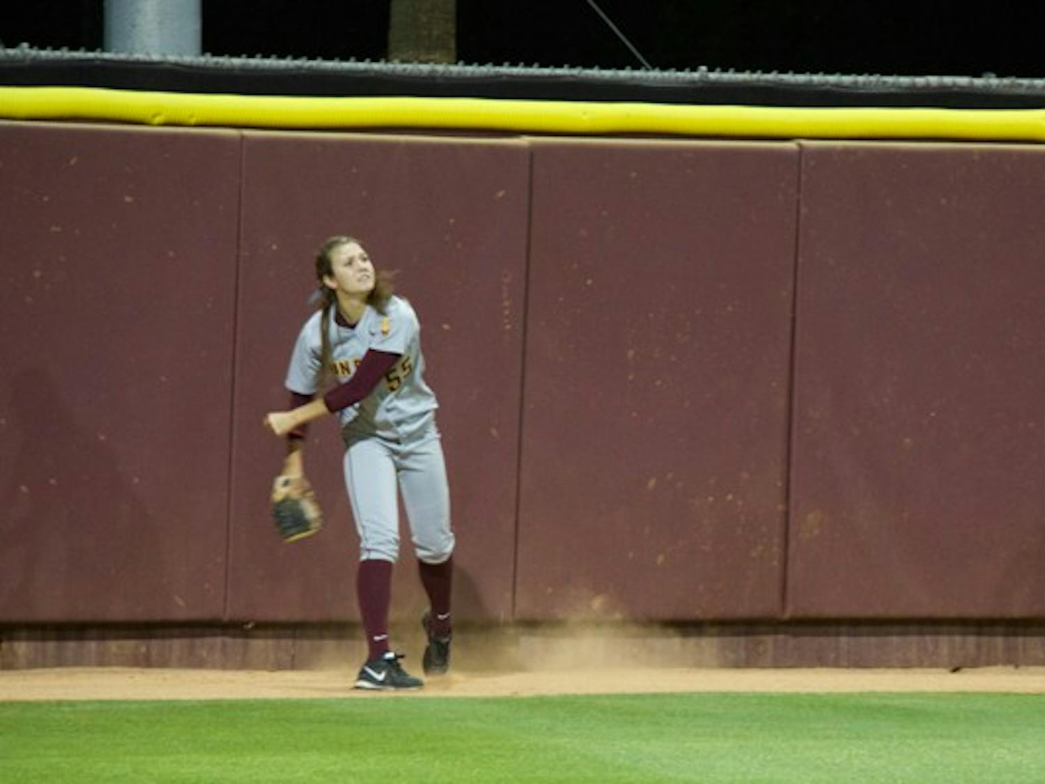 Junior outfielder Elizabeth Caporuscio throws back a fly ball during the game against the Arizona Wildcats on Sunday, March 30 at Farrington Stadium. ASU lost  6-5 in a 10-inning game. (Photo by Becca Smouse)