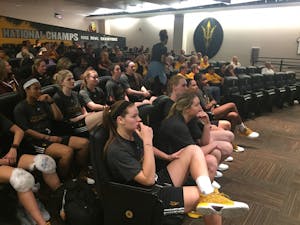 The ASU women's basketball team awaits its seeding for the 2017 NCAA Tournament on Monday, March 13, 2017 during a watch party at the Carson Center in Tempe.&nbsp;
