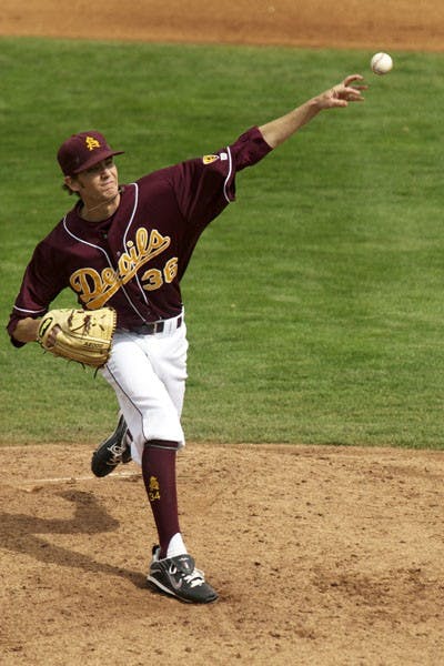 Falling Back: ASU junior Kyle Ottoson releases a pitch during the Sun Devils’ win against Delaware on Feb. 26. Oregon State’s sweep of ASU in Corvallis, Ore., bumped the Beavers up to the top of the Pac-10. (Photo by Scott Stuk)