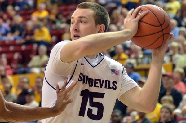 Chanse Creekmur protects the ball in a game against USC on Feb. 25. Creekmur is one of seven players in the past three years to transfer or be dismissed from the ASU basketball program. (Photo by Aaron Lavinsky)