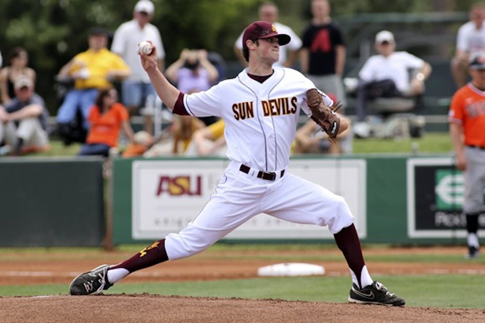 Darin Gillies throws a pitch in a game against Oregon State on April 7. Gillies and the Sun Devils’ pitching staff look to continue their solid season against the Trojans. (Photo by Sam Rosenbaum)