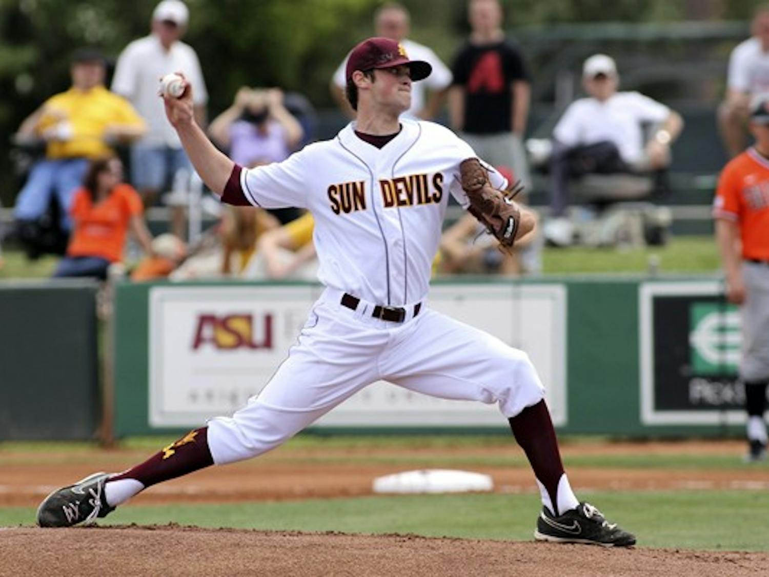 Darin Gillies throws a pitch in a game against Oregon State on April 7. Gillies and the Sun Devils’ pitching staff look to continue their solid season against the Trojans. (Photo by Sam Rosenbaum)