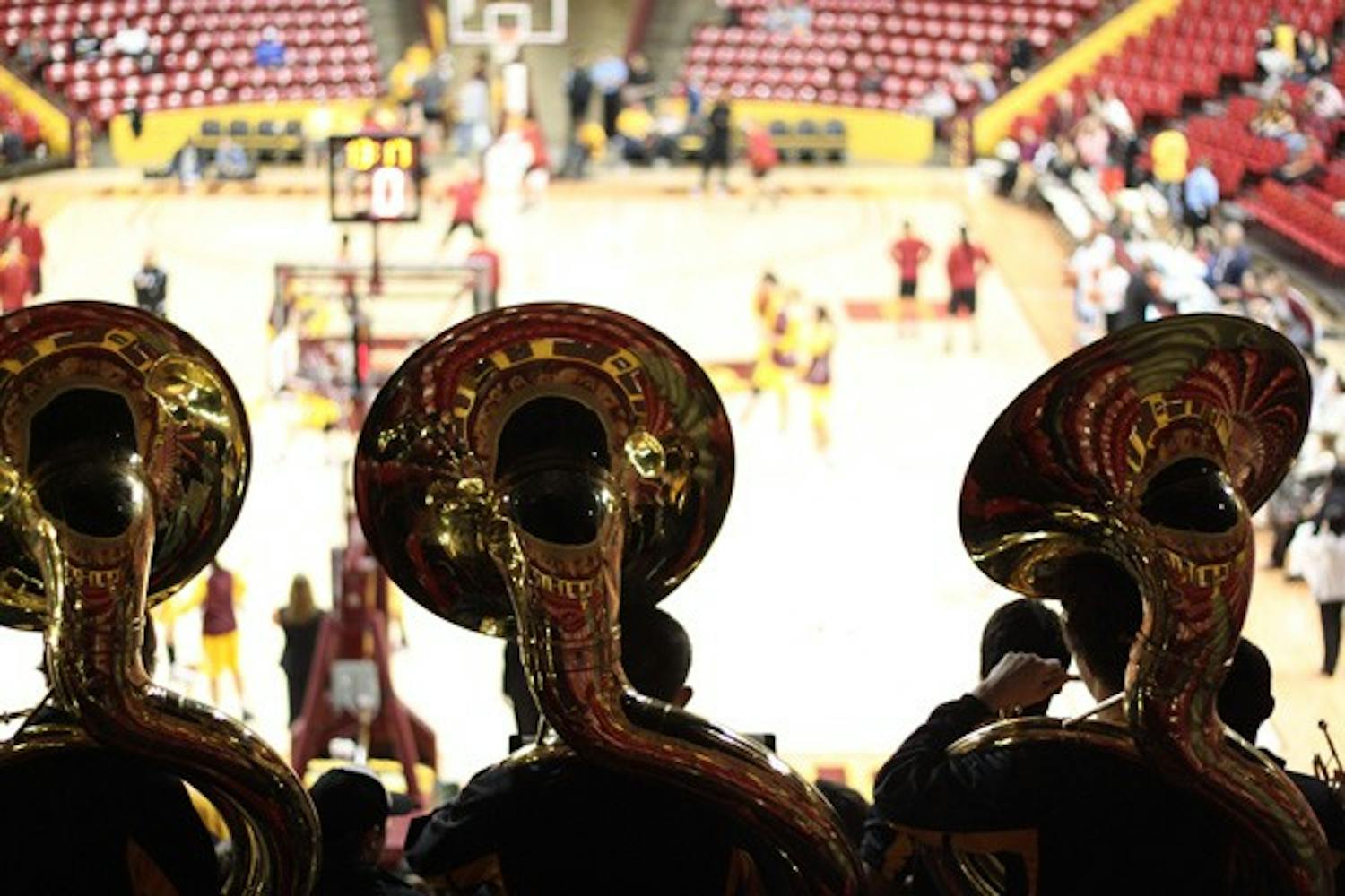 TUBA TERRITORY: The ASU marching band livens up the crowd at the women's basketball game on Thursday night. (Photo by Rosie Gochnour)