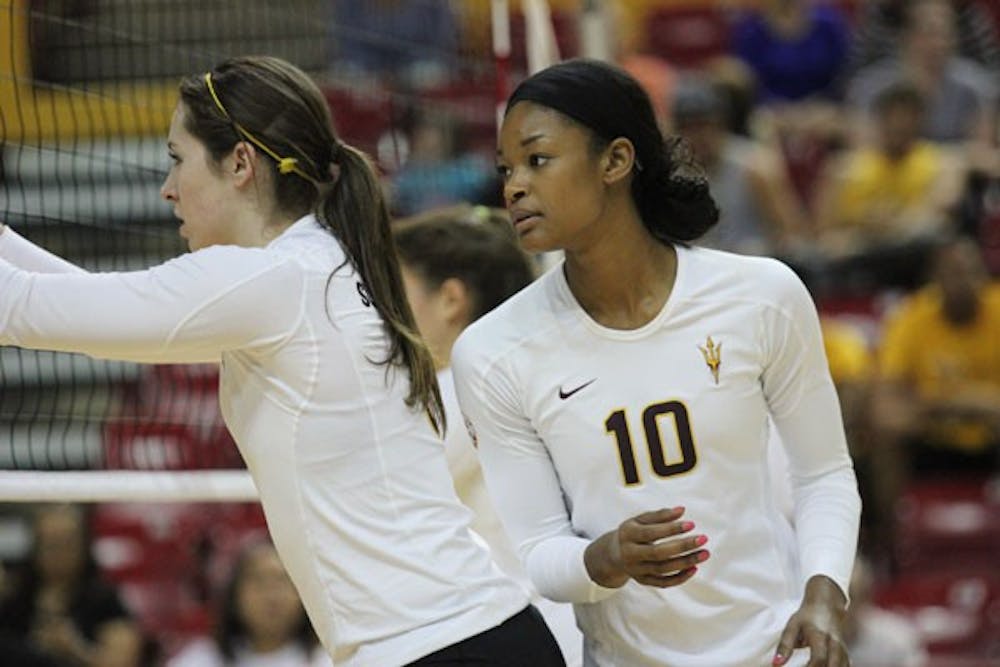 Senior outside hitter Erica Wilson (10) moves into position during a game at the ASU Sheraton Invitational on Sept. 14. (Photo by Kyle Newman)