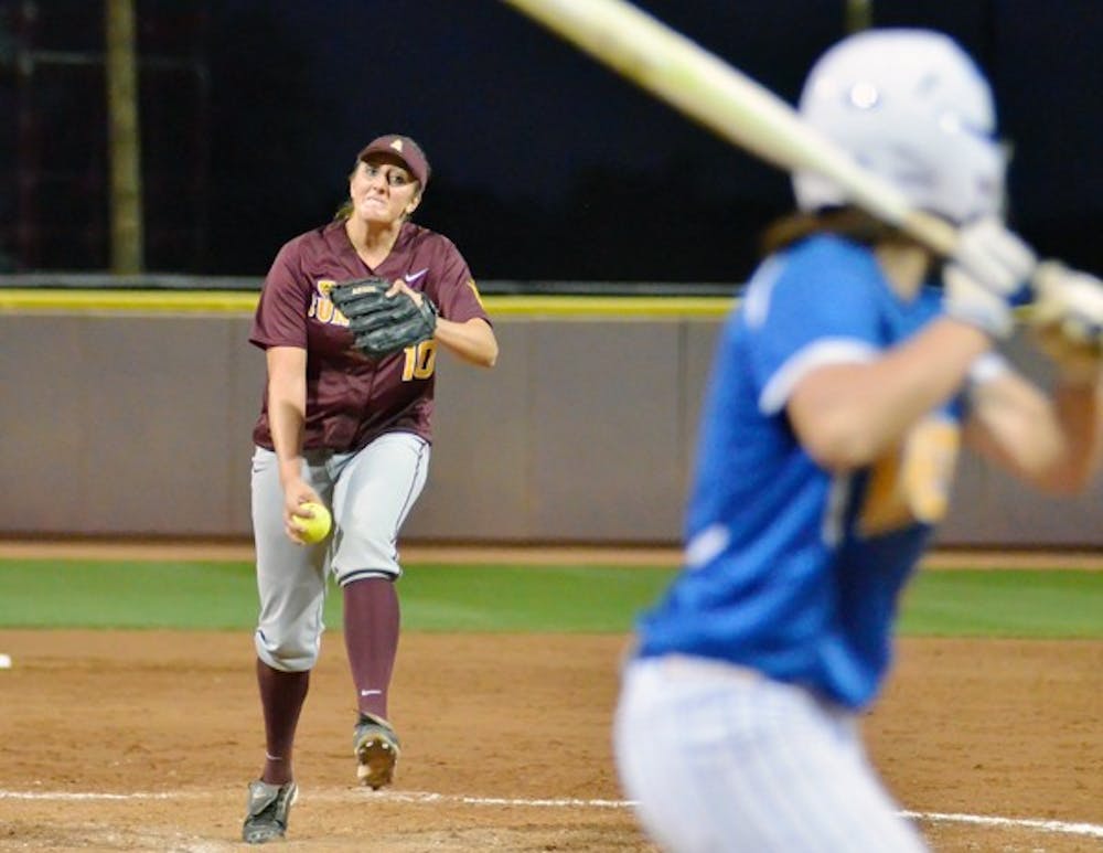 Hillary Bach delivers a pitch in a game against McNeese State on Feb. 10. Bach pitched the sixth perfect game in ASU history Saturday against Wichita State. (Photo by Aaron Lavinsky)