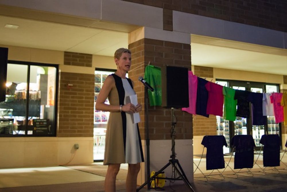 Marlene Tromp, Dean of Arizona State University’s New College of Interdisciplinary Arts and Sciences, speaks to supporters during an anti-sexual assault event at ASU West. (Photo by Andrew Ybanez)