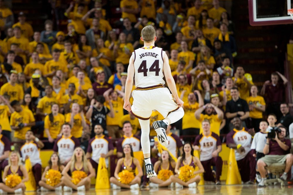 Sophomore guard Kodi Justice celebrates after an assist to senior forward Willie Atwood (not pictured) against Washington State on Thursday, Jan. 14, 2016, at Wells Fargo Arena in Tempe. The Sun Devils defeated the Cougars 84-73.