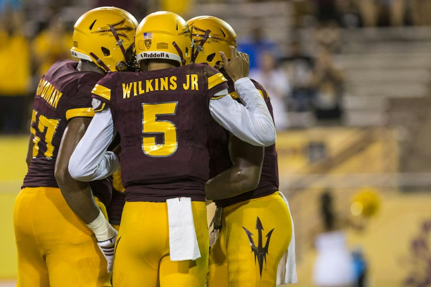 ASU players celebrate after a touchdown during a game against Northern Arizona University in Tempe, Arizona, on Sept. 3, 2016. The Sun Devils won the matchup, 44-13.