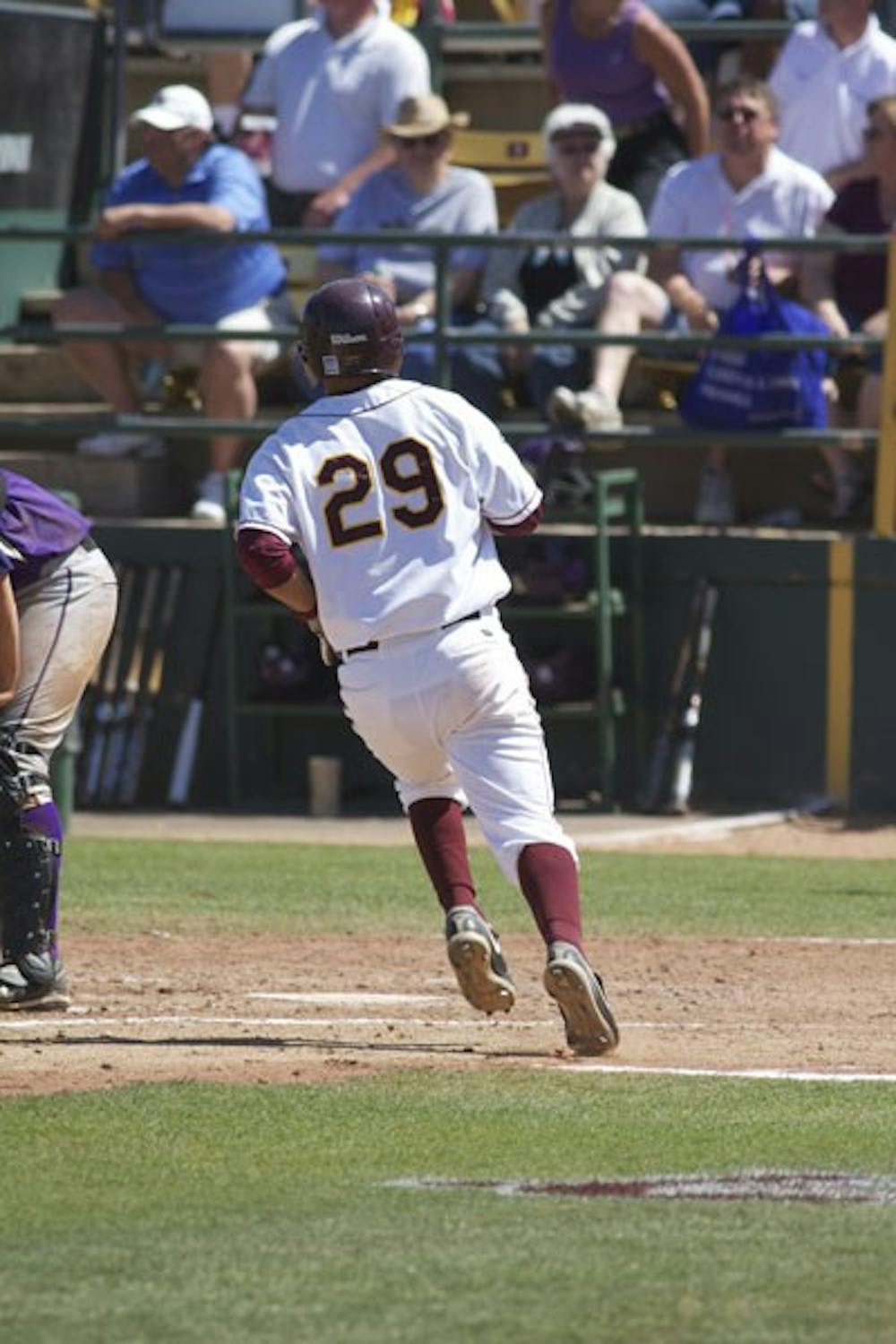 BRING IT HOME: ASU senior third baseman Raoul Torrez had one hit and scored one run during the Sun Devils’ 11-5 win over San Francisco on Tuesday night at Packard Stadium. (Photo by Scott Stuk)