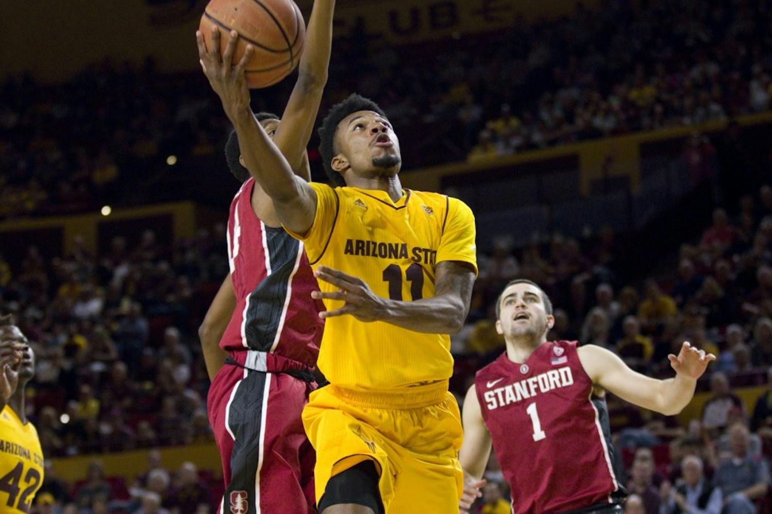 ASU junior guard Shannon Evans II (11) puts up a layup during a men's basketball game versus the University of Stanford Cardinal in Wells Fargo Arena in Tempe, Arizona on Saturday, Feb. 11, 2017. ASU won 75-69. (Josh Orcutt/State Press)