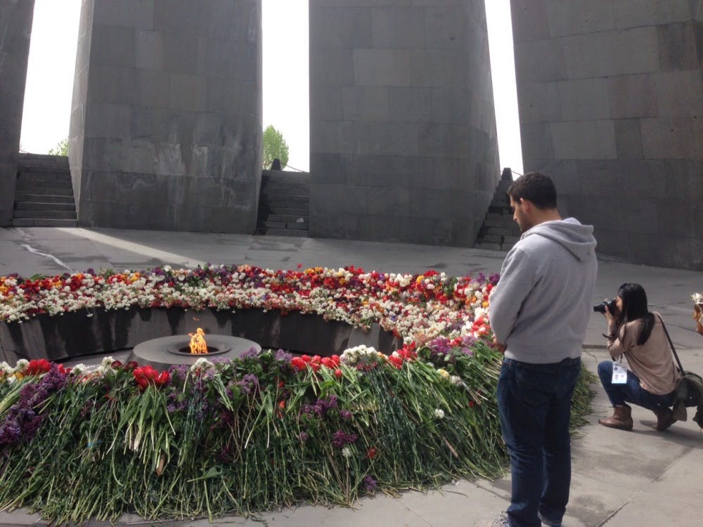 Tro Panosian laying flowers at the Armenian Genocide Memorial in Yerevan, Armenia last week. (Photo courtesy of Tro Panosian)