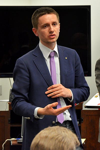 Serigy Shtukarin, Center for Political Studies, Donetsk, Volunteer at the Open World Program, speaks of the economical corruption of Putin. He says, "Russians are very sensitive to this issue, and Putin is sensitive to sanctions that block him from access to his money." Though, despite Putin's dictatorship, he tells us there are organizations that advocate for the people. (Photo by Rachel Nemeh)