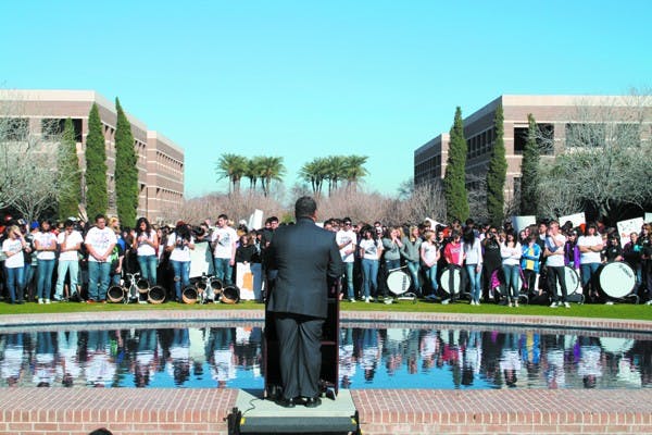 ASU professor Charles St. Claire re-enacts Martin Luther King's famous "I Have a Dream" speech for more than 800 middle school students on ASU's West Campus Wednesday morning. (Photo by Shelby Bernstein)