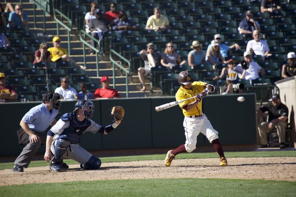 Senior infielder Jordan Aboites swings at a pitch on Sunday, Feb. 21, 2016, at Phoenix Municipal Stadium. ASU baseball&nbsp;defeated Xavier 5-1.