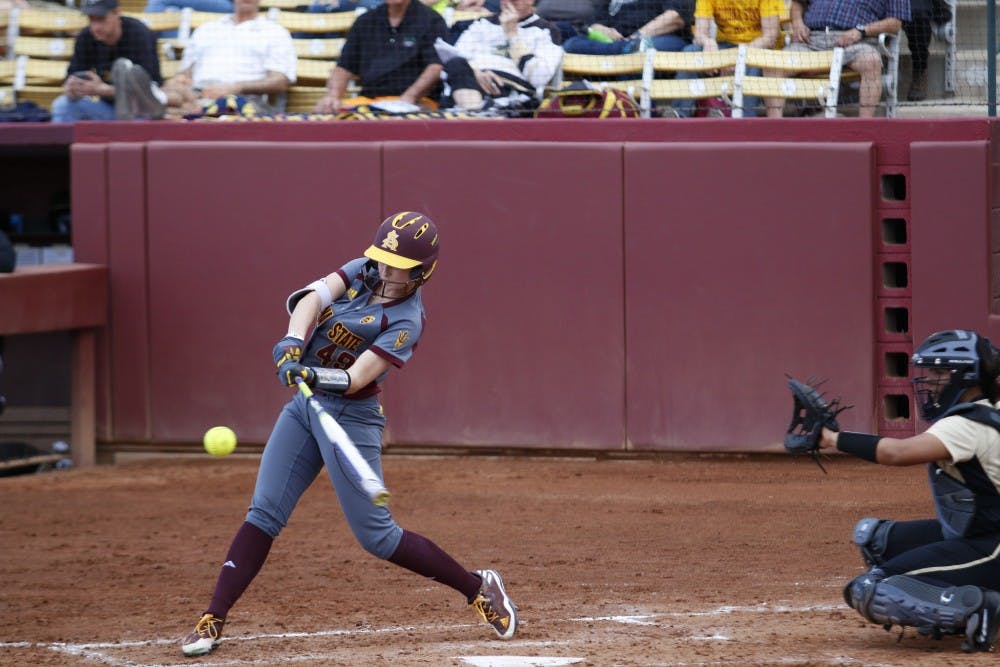Junior outfielder Nichole Chilson (49) swings at the ball in a game against Purdue at Alberta B. Farrington Softball Stadium in Tempe, Arizona, on Friday, Feb. 10, 2017. The Sun Devils won the game, 3-0.