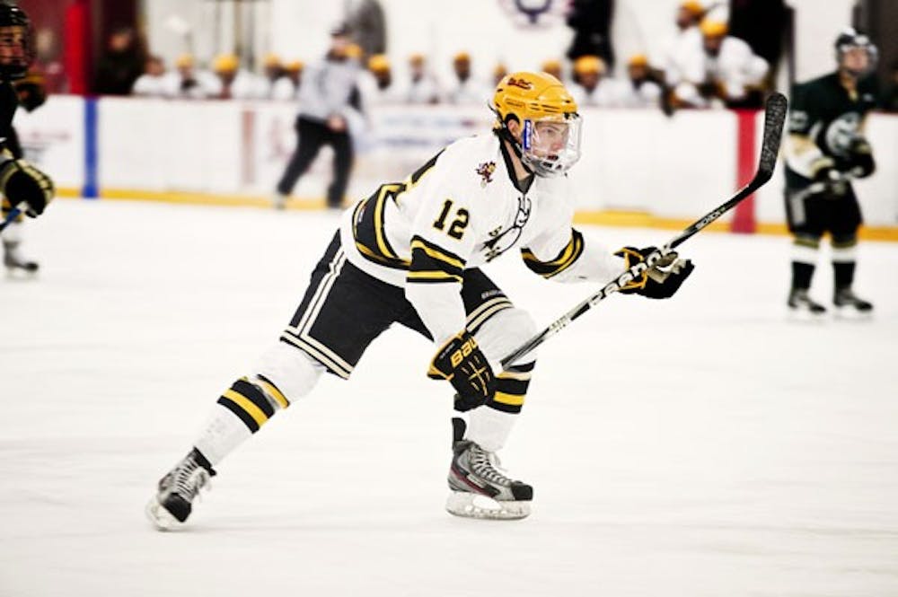 Freshman forward Stephen Collins recorded his second hat trick of the season in ASU’s 7-4 win over Robert Morris (IL) on Dec. 7. Photo courtesy of Michelle Hekle