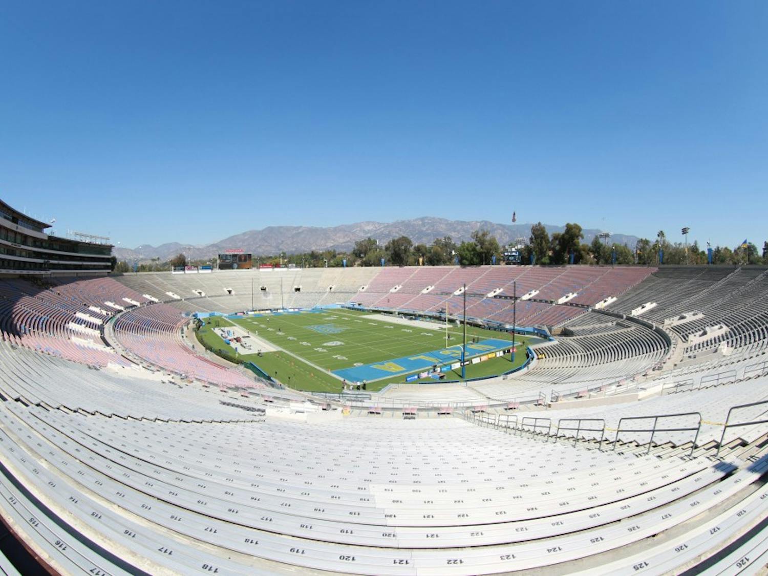 Taken with a fisheye lens, the Rose Bowl is pictured before the game between UCLA and Arizona State Saturday, Oct. 3, 2015 in Pasadena, California. 