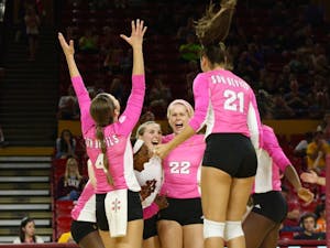 Sophomore Kylie Pickrell, senior Cassidy Pickrell, freshman Ivana Jeremic and teammates celebrate after scoring against Washington on Oct 21, 2016 in Tempe, Ariz.