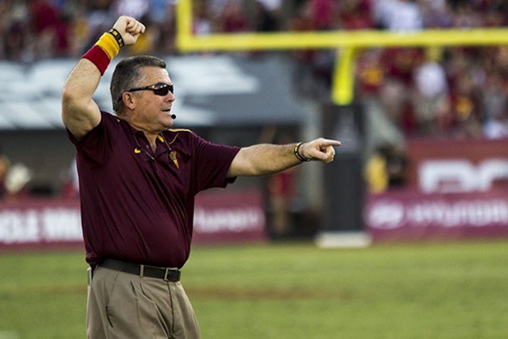 ASU coach Todd Graham directs his defense in a game against USC in Los Angeles on Oct. 4. (Photo by Alexis Macklin)