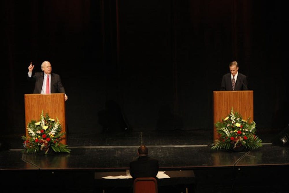 FIGHT NIGHT: Karl Rove and Howard Dean debate at Gammage Auditorium Saturday night about political problems in the U.S. (Photo by Scott Stuk)