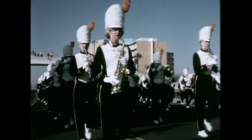 Band students march in a screenshot from the&nbsp;Arizona State University: Campus in the Sun video.
