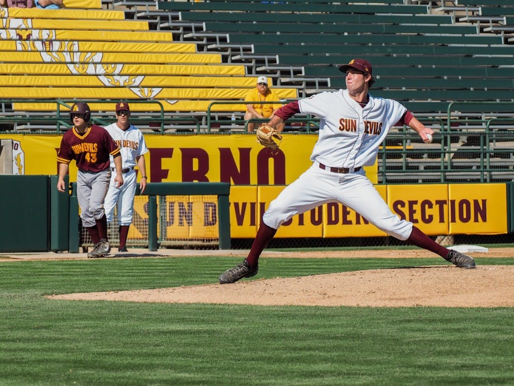 Junior pitcher Ryan Kellogg fires from the mound during Saturday's intrasquad scrimmage on Feb. 7, 2015, at Phoenix Municipal Stadium. (J. Bauer-Leffler/ The State Press)